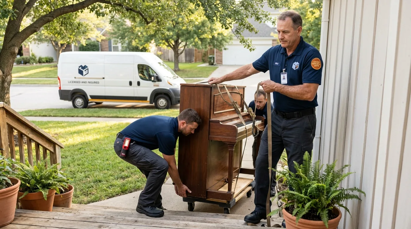 Licensed piano movers securing grand piano in Ovid, MI