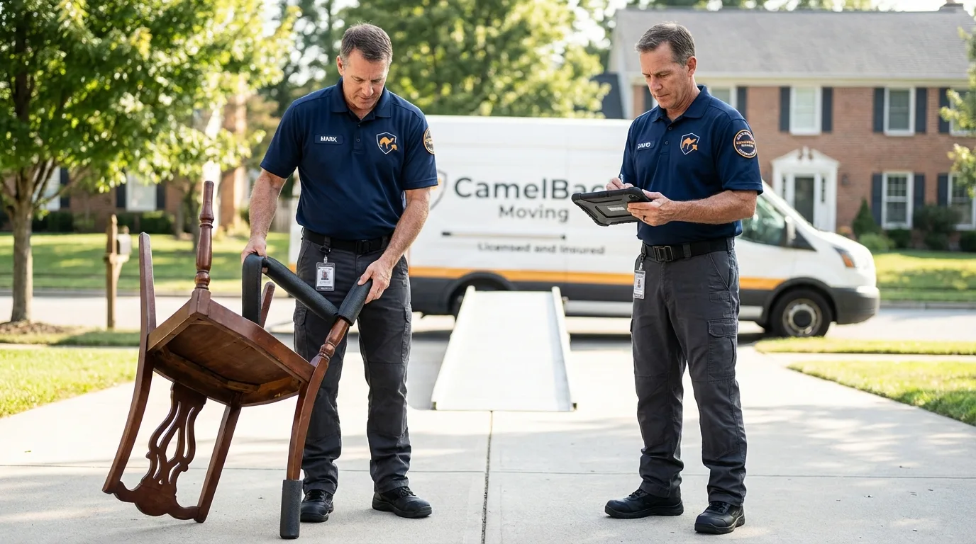 Movers inspecting furniture for damage prevention before loading in Ovid, MI