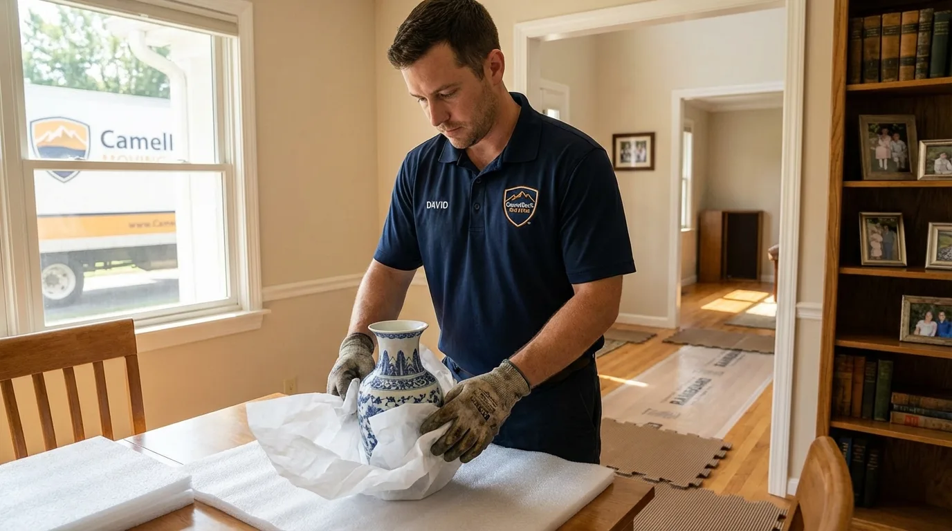 Professional crew carefully wrapping antique vase for senior downsizing move in Ovid, MI